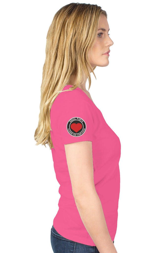 Women's pink V-neck Logo/Unicorn/Sleeve Patch