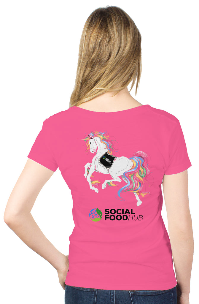 Women's pink V-neck Logo/Unicorn/Sleeve Patch