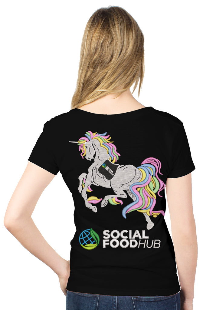 Women's black v-neck Logo/Unicorn/Sleeve Patch