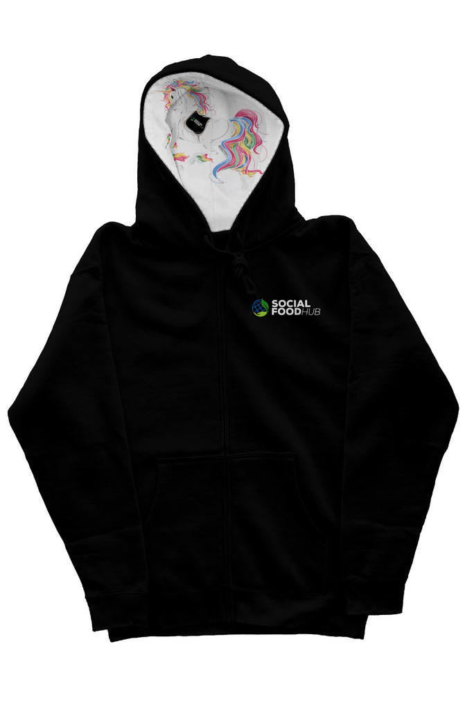 Adult Unisex fit black zip hoody Unicorn Hood lini